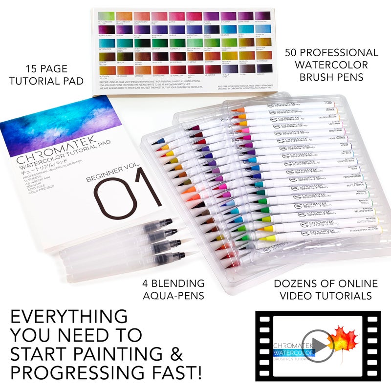 CHROMATEK 54 Watercolor Pens Set | Including 15 Page Pad & Online Video Tutorial Series | 4 Aquapens & 50 Unique Colors | Brush Pens | Easily Blendable, Vivid, Smooth | Professional Art Supplies - Image 4